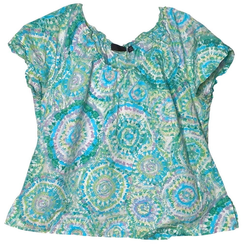 Boho Avenue Top Women 18/20 Blue Green Tie Dye Medallion Cotton Short Sleeve